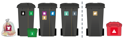 Tre beholdere og tilvalgsbeholder til pap samt farligt affald